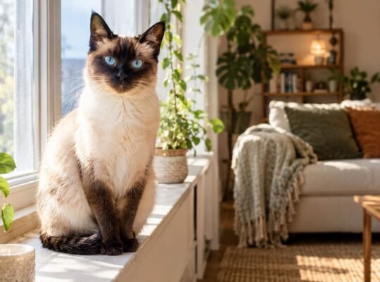 Seal point Siamese cat sitting upright on a living room windowsill in warm morning light