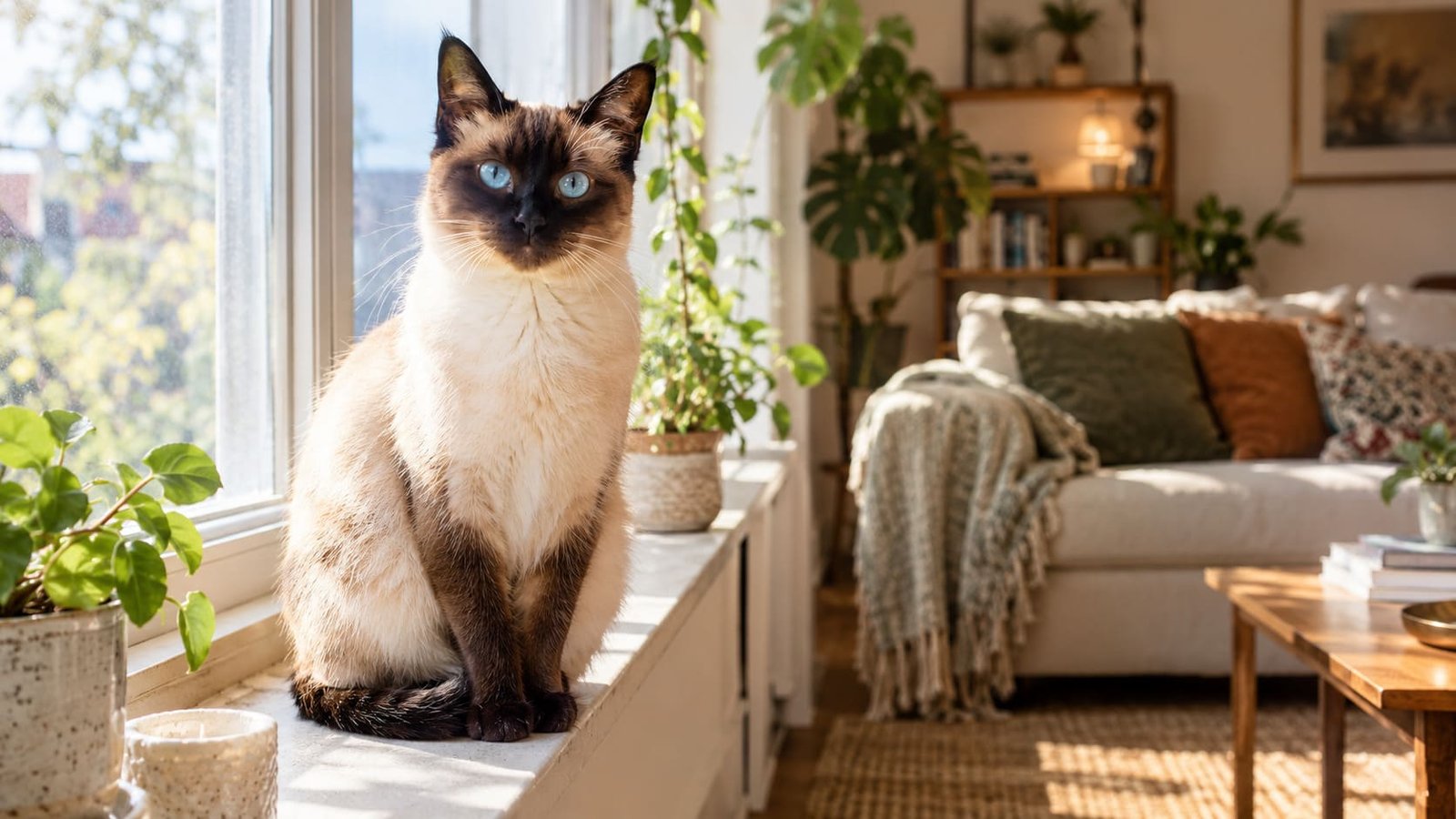 Seal point Siamese cat sitting upright on a living room windowsill in warm morning light