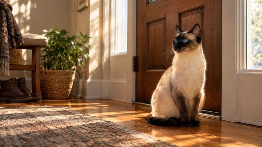 Seal point Siamese cat sitting alone by a front door waiting for her owner