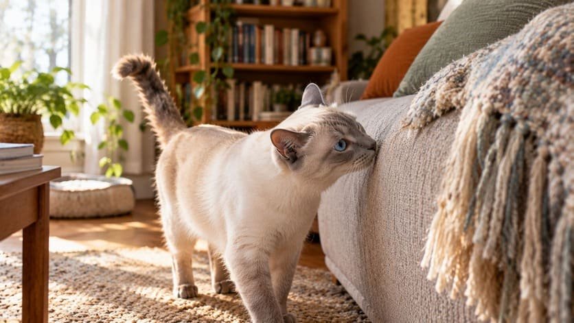 Siamese mix cat exploring a new living room after adoption